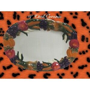 Harvest 18" Oval Ceramic Platter colorful autumn Harvest embossed edges W/Box